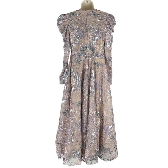 Mac Duggal Embellished High Neck Puff Sleeve A-Line Dress Taupe Size 6 - Picture 8 of 12